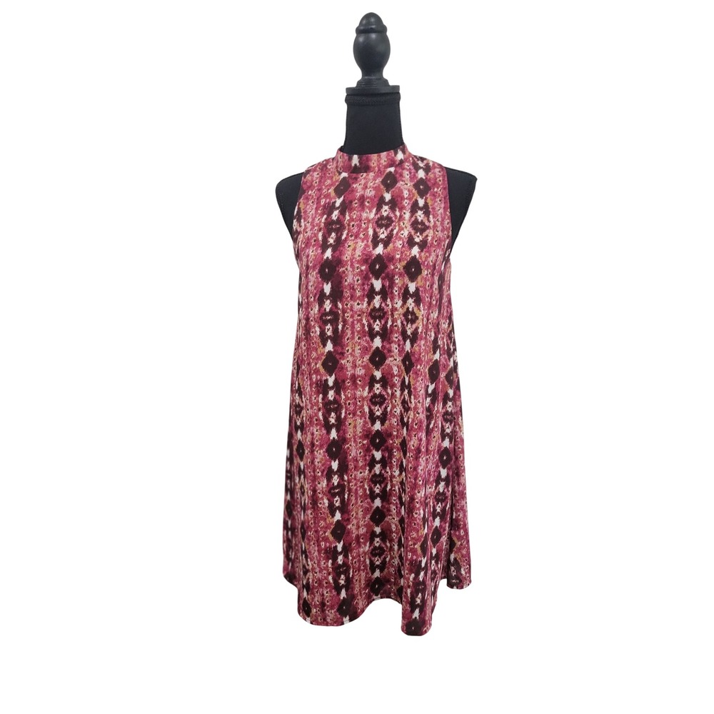 Everly Womens Pink Burgundy Ikat Print Mock Neck Sleeveless Shift Dress Size S